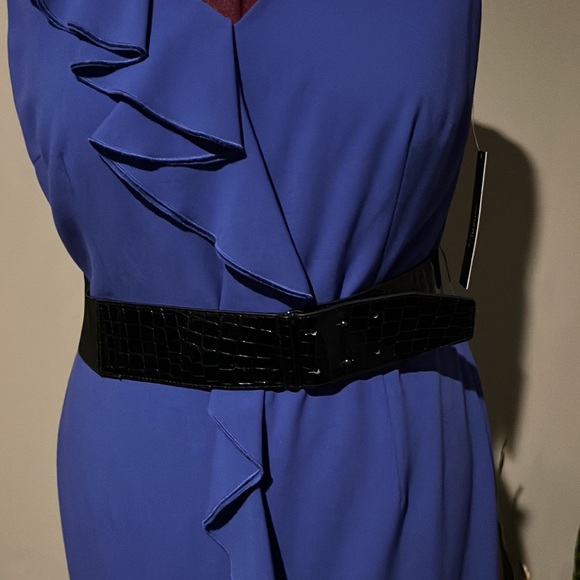 NWT TAHARI Royal Blue Sleeveless Dress With Ruffle  down Front and Belt … - Picture 2 of 13